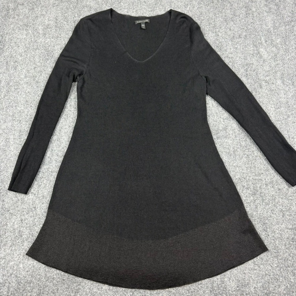 Eileen Fisher Tunic Sweater Women Small Black V-Neck Metallic Trim Long Sleeve